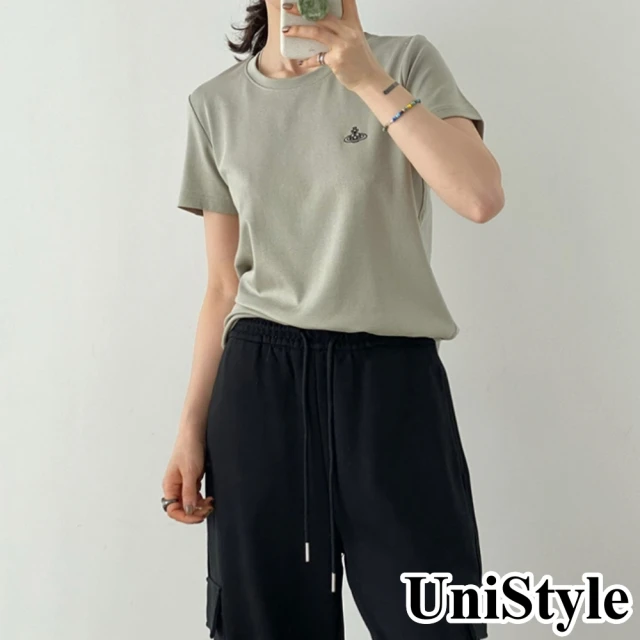 【UniStyle】短袖T恤 韓版星球刺繡天絲雙面棉上衣 女 UPT1587(灰綠)
