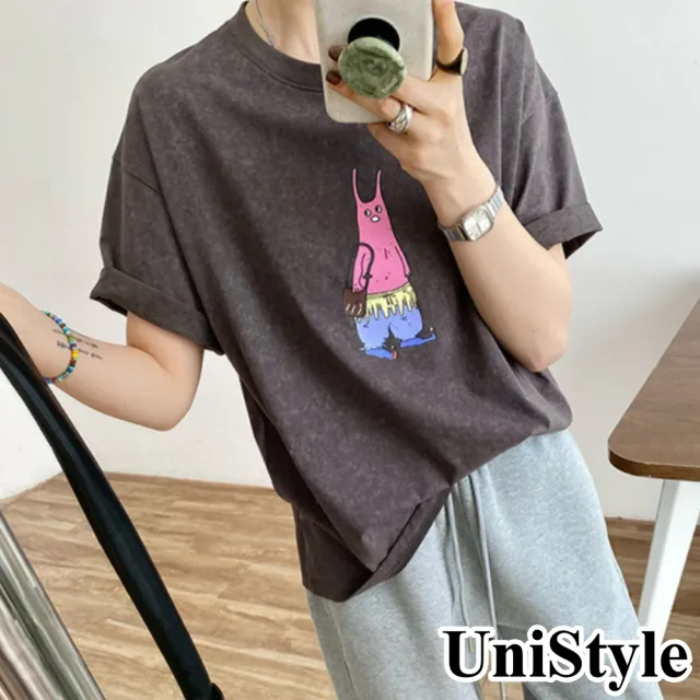 【UniStyle】做舊短袖T恤 韓版外星人印花上衣 女 UP1578(深灰)