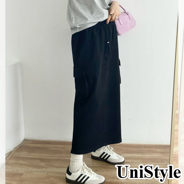【UniStyle】休閒半身裙 韓版後開叉彈力釦工裝半裙 女 UP1554(黑)
