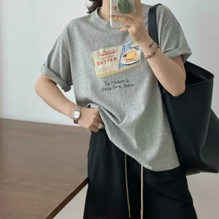 【UniStyle】韓版短袖T恤 美式復古奶油吐司印花上衣 UPT1580(花灰)