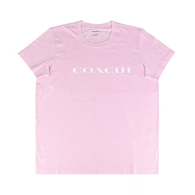 【COACH】COACH白字LOGO設計純棉短袖T恤(女款/淺粉)