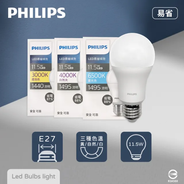 【Philips 飛利浦】4入組 易省 LED燈泡 11.5W E27 全電壓 LED 球泡燈(2024年最新款)