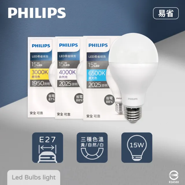 【Philips 飛利浦】4入組 易省 LED燈泡 15W E27 全電壓 LED 球泡燈