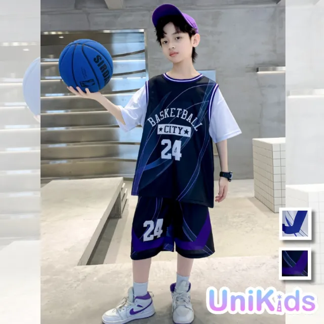 【UniKids】中大童裝2件套裝 速乾短袖T恤五分運動褲籃球服 男大童裝 CVTZE6086(黑 白)