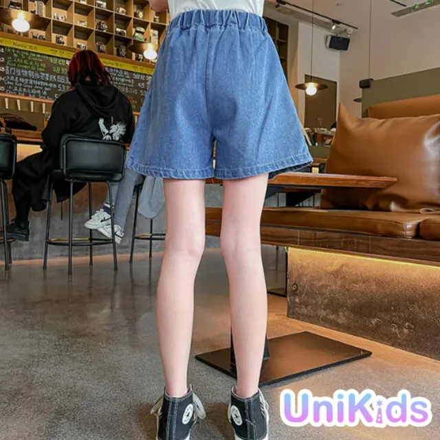【UniKids】中大童裝牛仔百褶短褲裙 女大童裝 CV釘扣牛仔(藍)