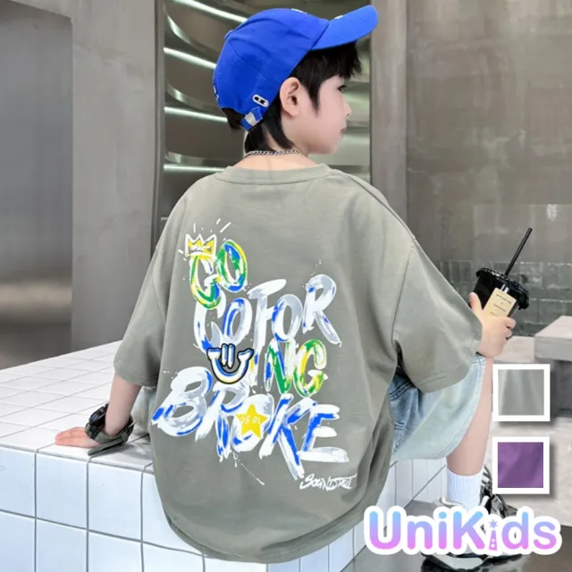 【UniKids】中大童裝2件套裝字母笑臉短袖T恤割破牛仔五分褲 男大童裝 CV9079(紫套 灰套)