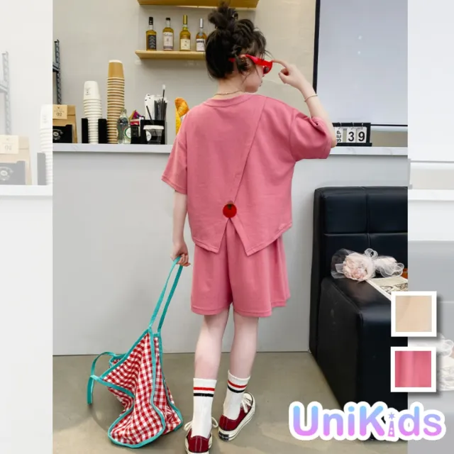 【UniKids】中大童裝2件套裝可愛後開叉短袖T恤休閒短褲 女大童裝 CV24162(玫紅 杏)