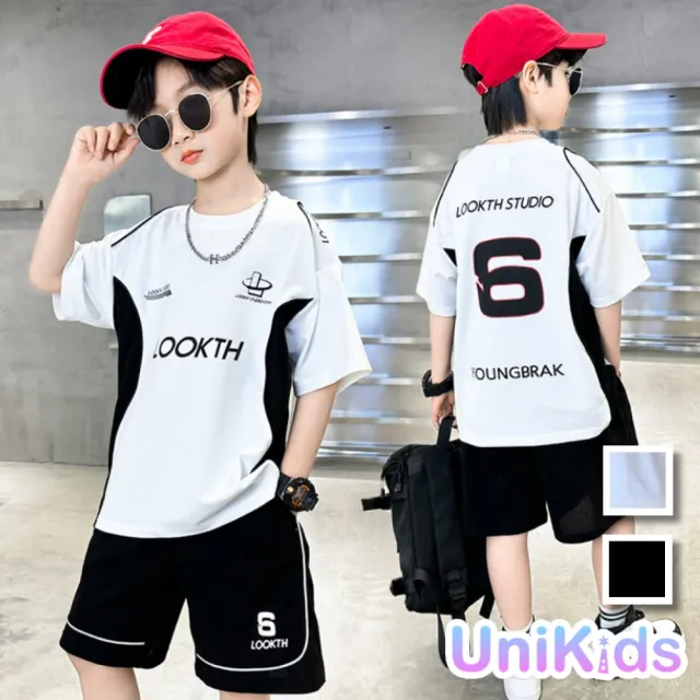 【UniKids】中大童裝2件套裝賽車風短袖T恤休閒五分褲  男大童裝 CVDJ1863(白 黑)