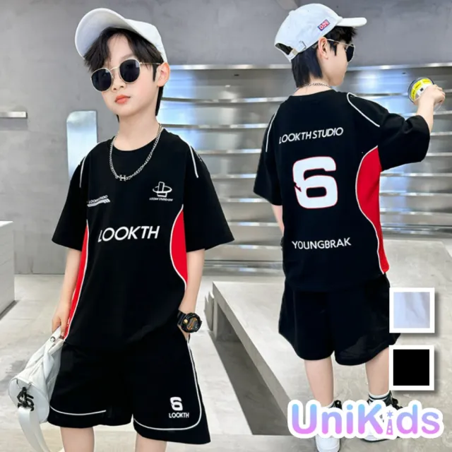 【UniKids】中大童裝2件套裝賽車風短袖T恤休閒五分褲  男大童裝 CVDJ1863(白 黑)