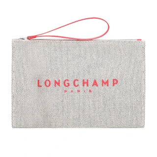 【LONGCHAMP】ESSENTIAL系列帆布LOGO字母手拿包(草莓紅)