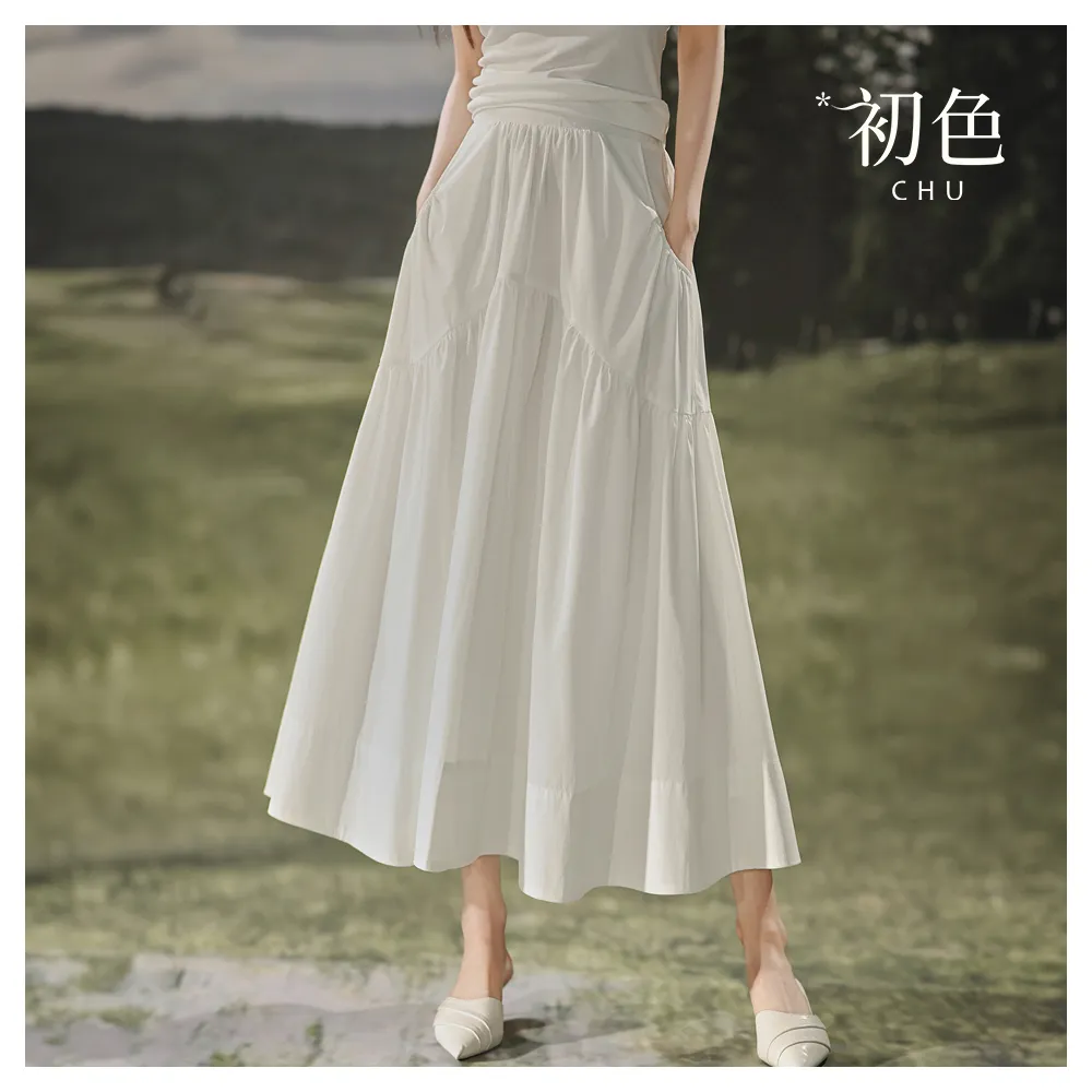 【初色】清涼感簡約棉麻風彈性腰圍波浪形拼接中長裙半身裙-白色-33994(M-XL可選)