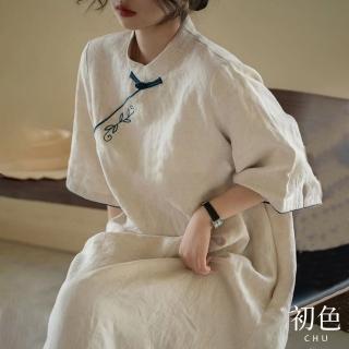 【初色】復古棉麻風立領刺繡寬鬆旗袍五分袖連身裙洋裝-共2色-34003(M-4XL可選)