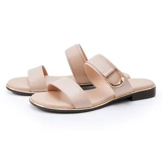 【MAGY】個性金屬飾扣二字寬帶拖鞋(裸色)