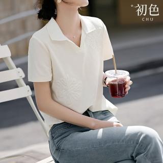 【初色】通勤風簡約珠片繡透氣親膚POLO領短袖T恤上衣女上衣-白色-33948(M-2XL可選)