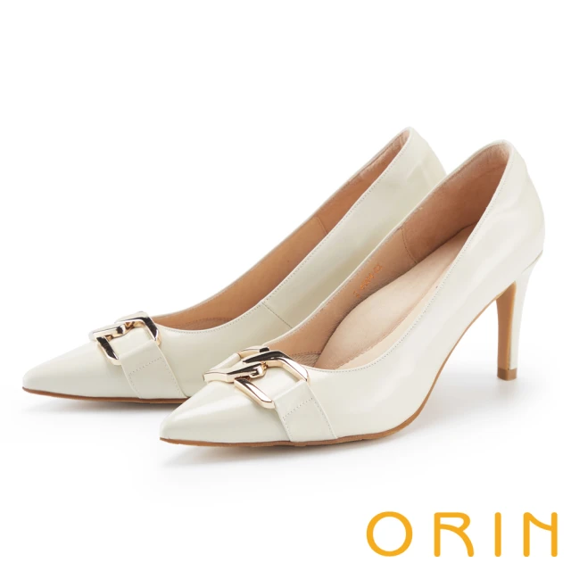 ORINORIN 質感造型飾釦真皮尖頭高跟鞋(白色)