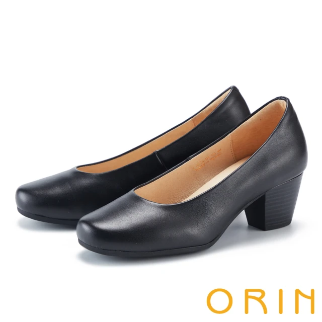 ORINORIN 質感素面柔軟羊皮粗中跟鞋(黑色)