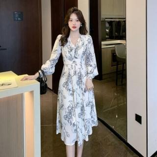 【baibeauty 白鳥麗子】法式優雅印花收腰V領長袖連身裙(洋裝)