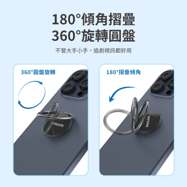 【Philips 飛利浦】DLK1613NB 360度旋轉摺疊金屬黏貼式手機指環架(手機支架/支撐架/背貼支架)