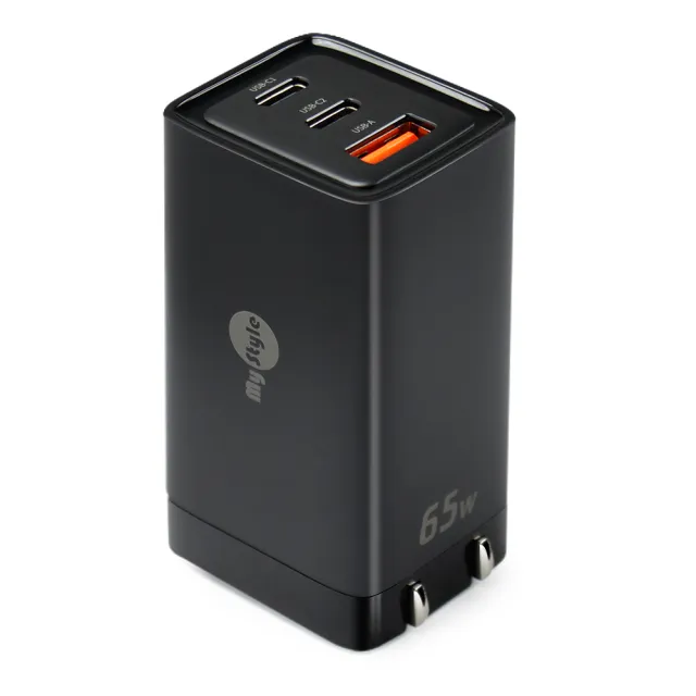 【MyStyle】65W GaN氮化鎵極速充電器-黑+耐彎折編織線Type-C to Type-C 急速快充線200cm-黑線(三孔1A2C)