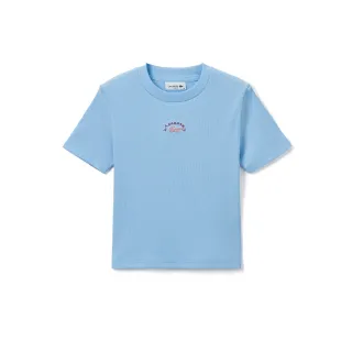 【LACOSTE】母親節首選女裝-唱歌鱷魚繡花羅紋短袖T恤(藍色)