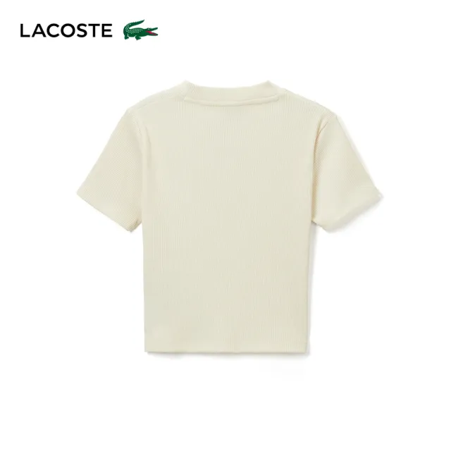 【LACOSTE】女裝-唱歌鱷魚繡花羅紋短袖T恤(米色)