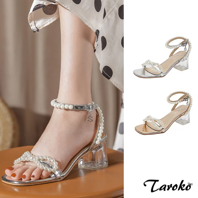 Taroko 唯美珍珠方頭一字帶透明粗高跟涼鞋(2色可選)