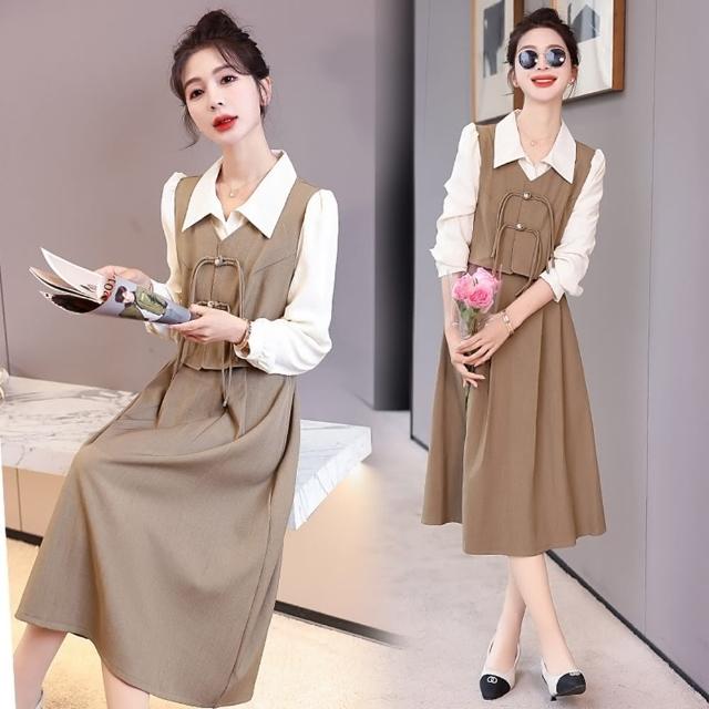 【巴黎精品】現貨+預購 洋裝連身長裙(時尚繩扣假兩件連衣女裙子2色v1ba66)