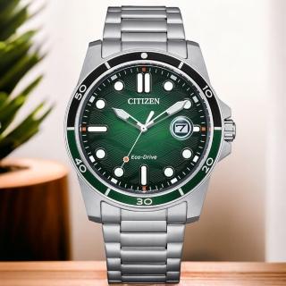 【CITIZEN 星辰】Eco-Drive光動能 大三針手錶 男錶 綠色 禮物(AW1811-82X)