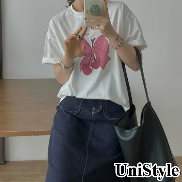 UniStyle 韓版短袖T恤 甜美蝴蝶結櫻桃上衣 女 UP1726(白)