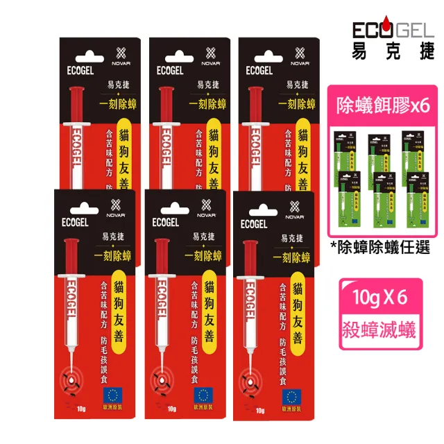 【ECOGEL易克捷】歐洲原裝除蟑/除蟻餌膠10公克x6支(友善貓狗蟑螂藥螞蟻藥)