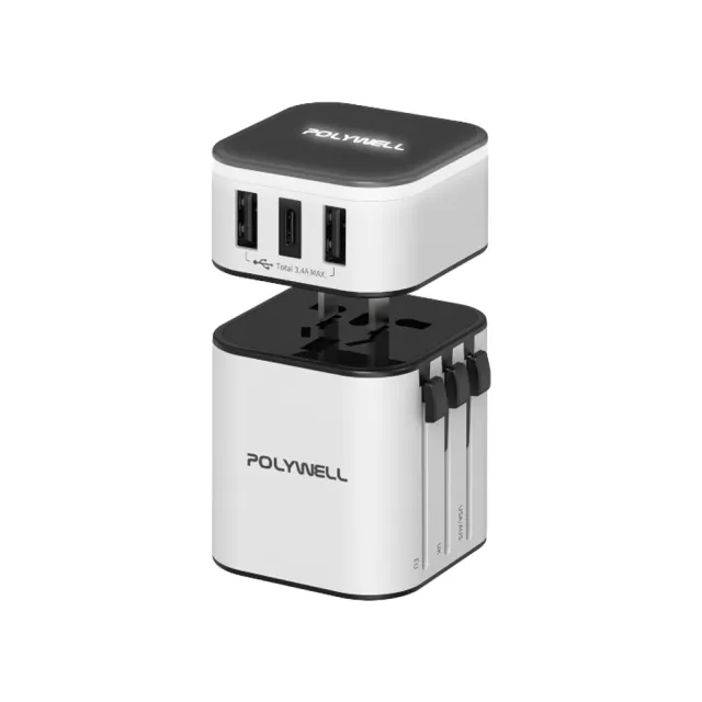 【POLYWELL】雙USB+Type-C多國旅行充電頭(2A1C 國際電壓 旅行必備)