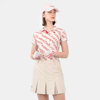 【LE COQ SPORTIF 公雞】高爾夫系列 女款卡其x紅輕量舒適滿版LOGO短袖POLO衫  QLT2T212