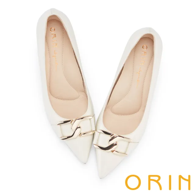 【ORIN】質感造型飾釦真皮尖頭高跟鞋(白色)