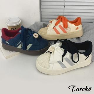 【Taroko】優雅蝴蝶結拼色圓頭綁帶平底休閒鞋(3色可選)