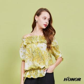 【HONOR 山形屋】一字肩荷葉碎花泡泡袖收腰雪紡上衣