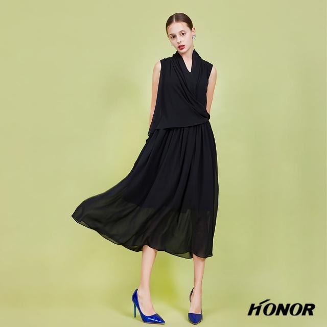 【HONOR 山形屋】雙層V型雪紡打褶無袖洋裝