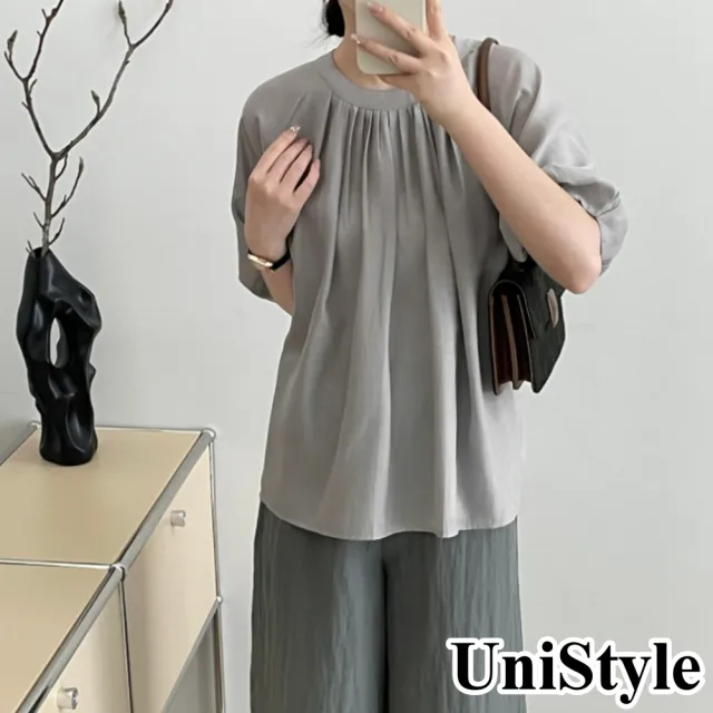 【UniStyle】五分袖上衣 韓版微透壓皺鏤空系帶襯衫 女 WT5601(灰藍)