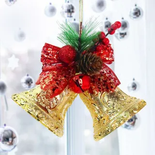 【摩達客】-聖誕3吋裝飾金色雙花鐘吊飾-紅金系