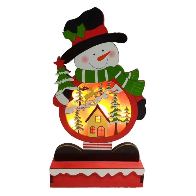 【交換禮物】摩達客-木質製彩繪雪人造型聖誕夜燈擺飾(電池燈)
