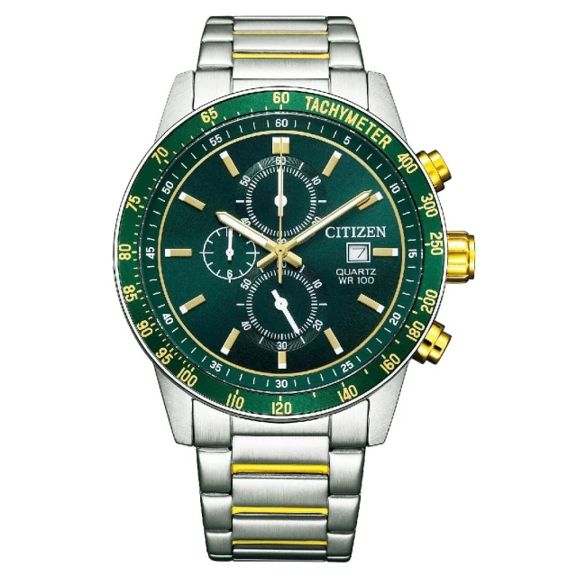 CITIZEN 星辰 碼錶計時都會時尚不鏽鋼腕錶 綠面 44m(AN3689-55X)