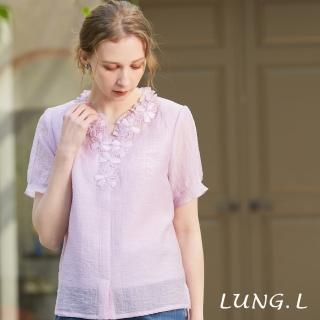 【LUNG.L 林佳樺】LP38A 粉紫色V領蕾絲花短袖女裝上衣