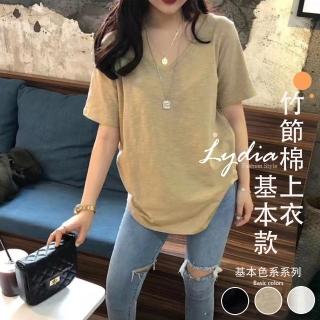 【Lydia】現貨 上衣 短袖上衣 夏季新款竹節棉短袖V領T恤(黑、白、大地)