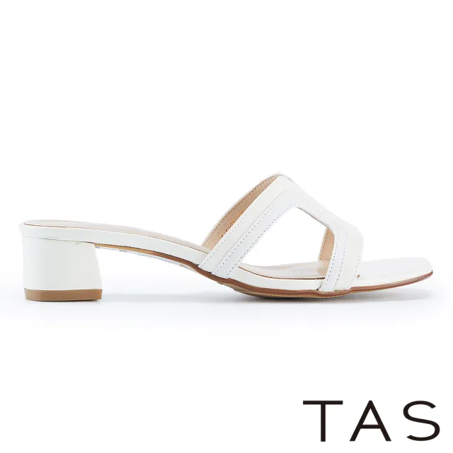 【TAS】幾何簍空真皮粗跟涼拖鞋(白色)