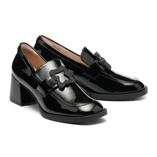 【MISS 21】精緻系學院風LOGO蝴蝶結飾釦牛漆皮樂福高跟鞋(黑)
