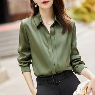 【Very Buy 非常勸敗】高階感醋酸襯衫女長袖春秋時尚氣質通勤雪紡緞面內搭上衣工裝