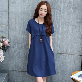 【JC Collection】洋裝韓版棉麻高腰遮腹寬鬆短袖連衣裙(藍色、綠色)