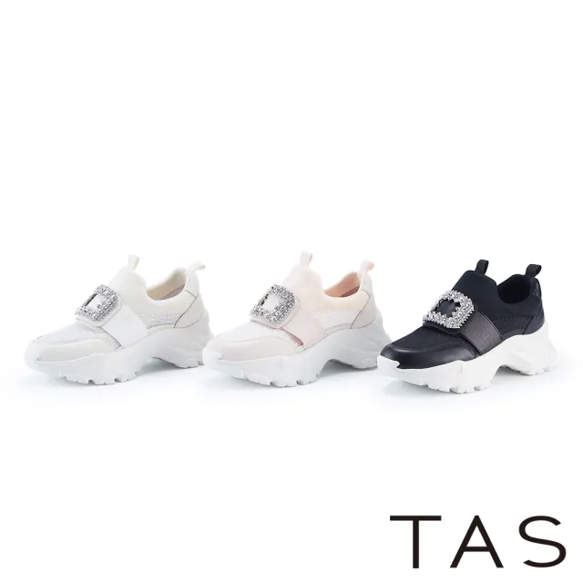 【TAS】雙材質拼接方鑽老爹厚底休閒鞋(白色)