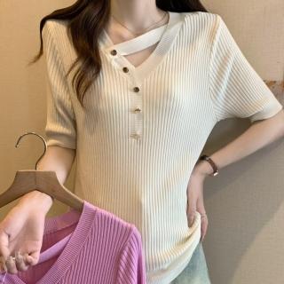 【Paiya 派亞】夏季新款顯瘦v領針織衫薄款冰絲T恤女(均碼M-2XL可穿)