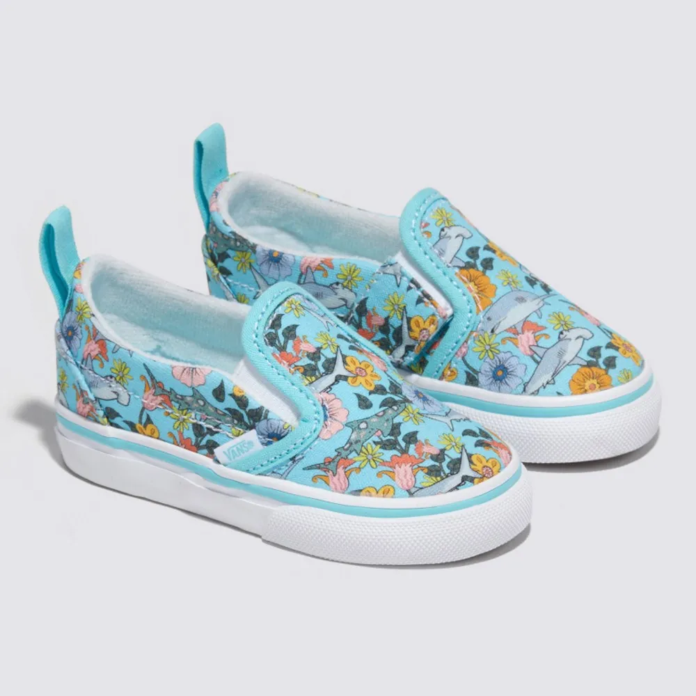 【VANS 官方旗艦】Slip-On V 小童款淺藍色海洋花朵圖案滑板鞋/休閒鞋