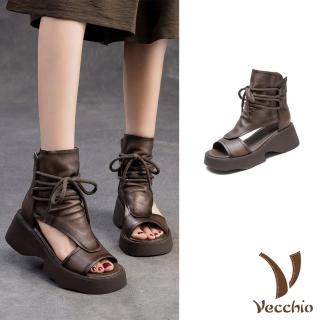 【Vecchio】真皮涼鞋 厚底涼鞋/真皮頭層牛皮復古露趾厚底百搭繫帶羅馬涼鞋(卡其)